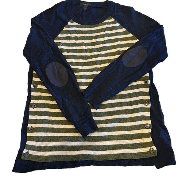 J. Crew Women’s Green & Ivory Elbow Patch Striped Navy Sweater Small - Picture 1 of 7